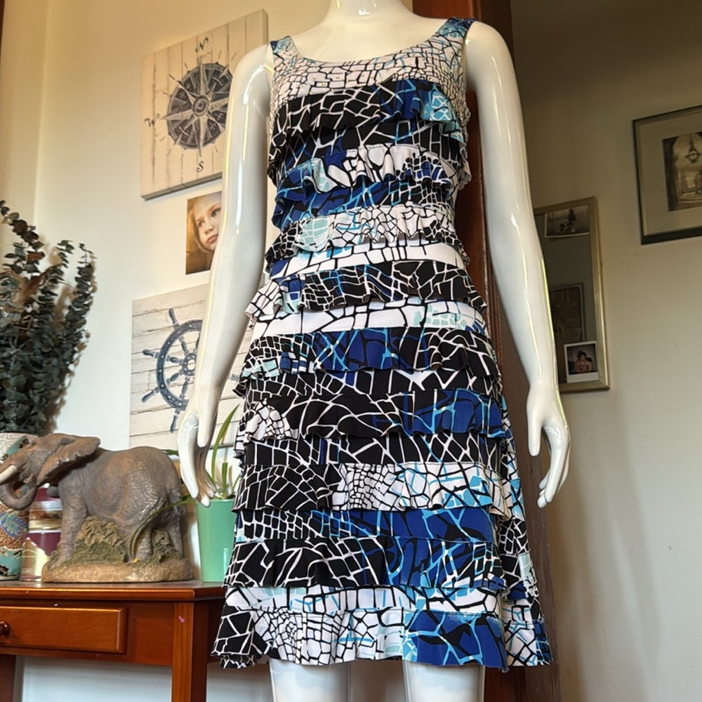 Tango Mango Blue and Black Mosaic Pattern Dress size small like new